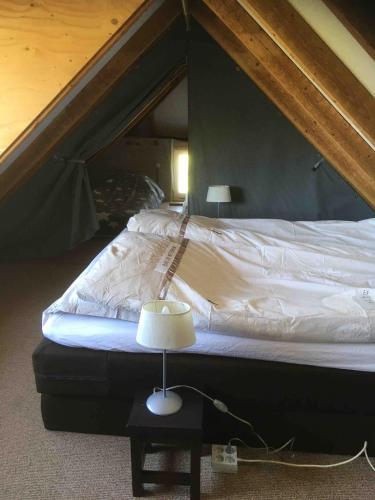 a bed in a attic with a lamp on a table at For a wonderful outdoor feeling! in Zelhem