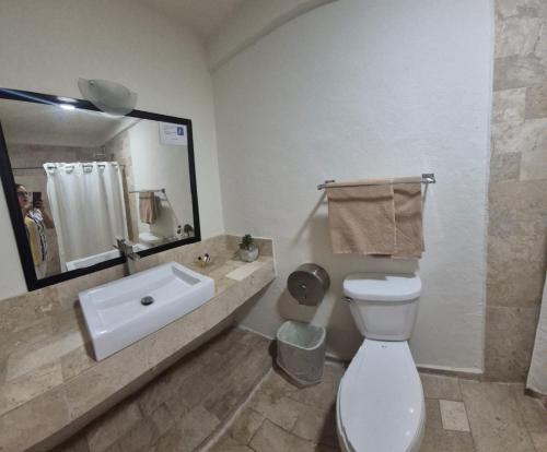 a bathroom with a toilet and a sink and a mirror at Hotel Tlayolan in Ciudad Guzmán