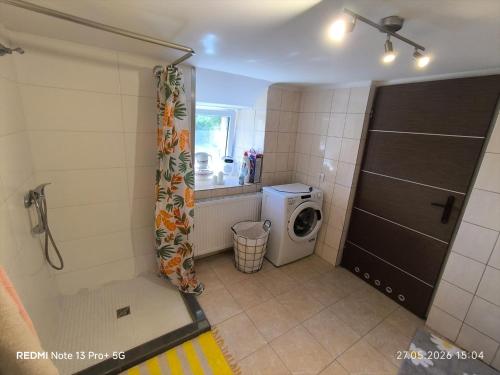 a small bathroom with a washing machine in it at Sielskie Markowskie in Markowskie