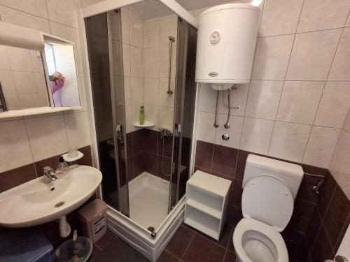 a bathroom with a shower and a toilet and a sink at Mara apartman in Košljun