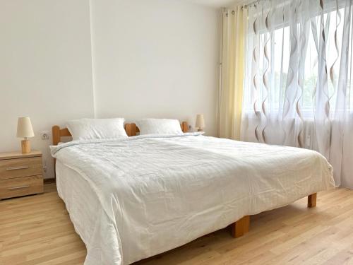 a white bedroom with a large bed and a window at Apartman Stankovic in Negotin