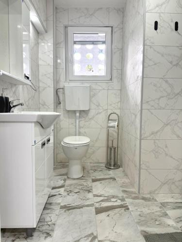 a bathroom with a toilet and a sink and a window at Apartman Stankovic in Negotin