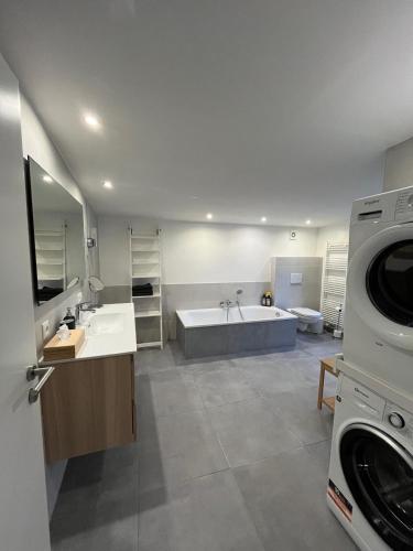 a bathroom with a tub and a sink and a washing machine at Casa Andrea in Saint-Vith