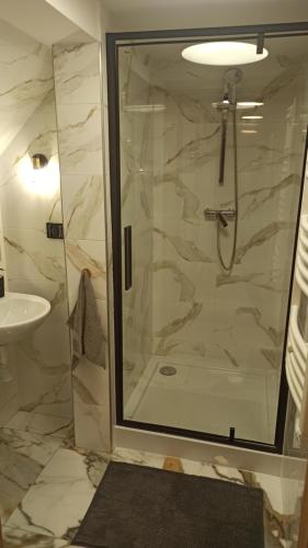 a bathroom with a shower and a sink at Giżycko WP30 in Giżycko
