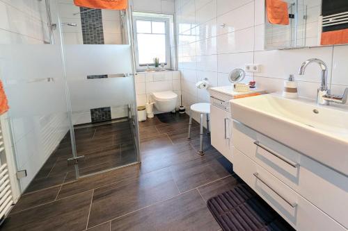 a bathroom with a sink and a shower and a toilet at Dümmernest in Hüde