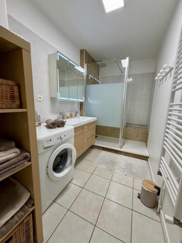 a bathroom with a washing machine and a shower at Pays Basque Ciboure - calme, port & plages à pied in Ciboure