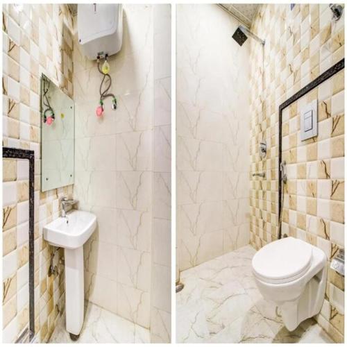 two pictures of a bathroom with a toilet and a sink at The Nirvana Delhi Airport - FREE Airport Drop in New Delhi
