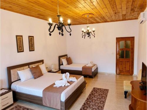 a bedroom with two beds and a chandelier at House in the old town with view in Gjirokastër