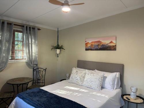 a bedroom with a bed and a ceiling fan at Accommodation at Klein Street-Blue in Paarl