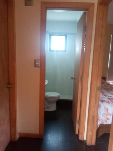 a bathroom with a toilet and a window at Cabañas Lago Sur in Puerto Varas