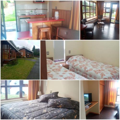 a collage of four pictures of a hotel room at Cabañas Lago Sur in Puerto Varas