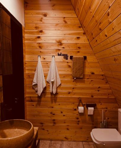a bathroom with a wooden wall with a sink and a tub at Mtis Racha in Oni