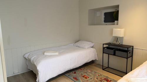 a bedroom with a bed and a lamp and a television at Arya villa in Bergen