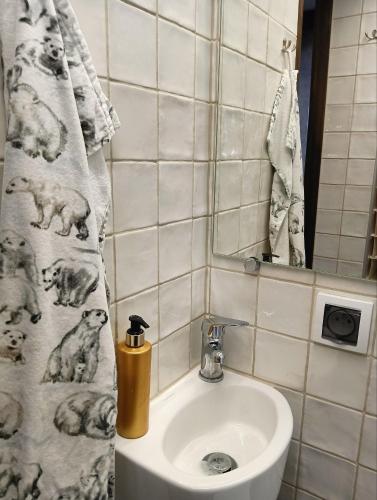 a bathroom with a sink and a shower curtain at Craft Corner Apartment Namysłów - Rynek in Namysłów
