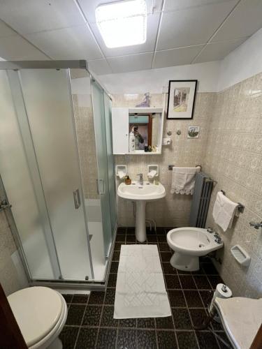 a bathroom with a shower and a sink and a toilet at Casina Orione in Montecatini Val di Cecina