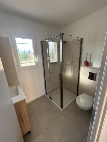 a bathroom with a shower and a toilet at Terracotta house in Sorgues