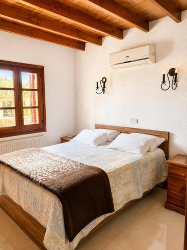 a bedroom with a bed and a window at Koutsini Villa in Pano Akourdalia