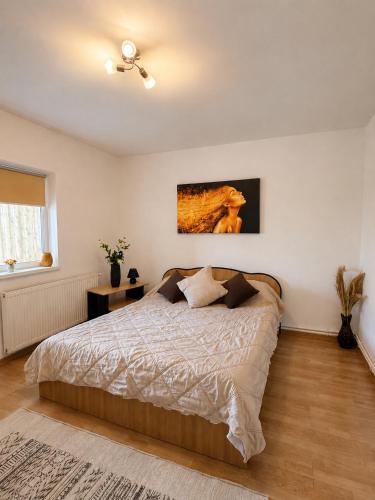 a bedroom with a bed and a ceiling fan at Reyna Breeze Apartment in Constanţa