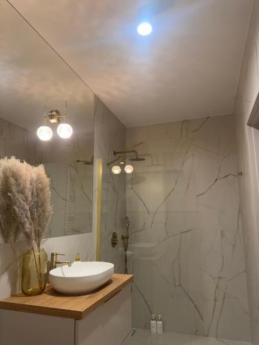 a bathroom with a sink and a shower at Pino SeaView II in Gdańsk
