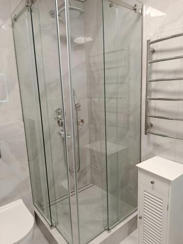 a shower with a glass door in a bathroom at Fontanka Apartment in Fontanka