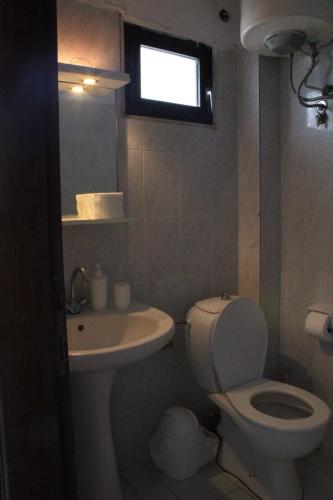 a bathroom with a toilet and a sink and a window at Solis Apartments in Kallithea Halkidikis