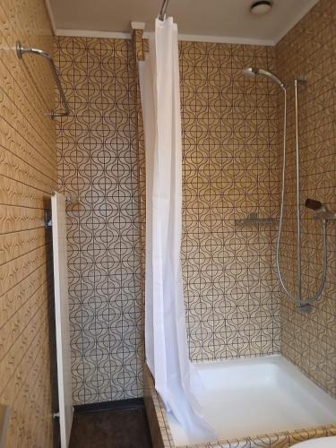 a bathroom with a shower with a shower curtain at Zimmer mit Bad in Bühler
