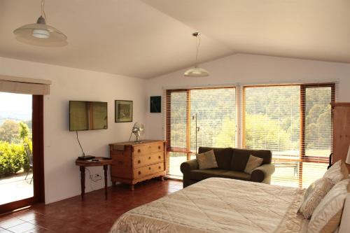 Un dormitorio con una cama y una silla y un televisor. en Cherryview Cygnet, en Cygnet