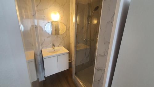 a bathroom with a sink and a shower at Vue sur Paris, Centre Ville in Choisy-le-Roi