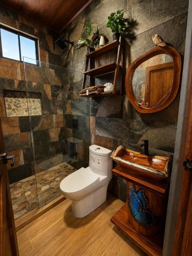 a bathroom with a toilet and a shower and a mirror at Cabaña Cadete in San Pedro