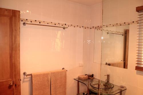 a bathroom with a glass sink and a shower at Cherryview Cygnet in Cygnet