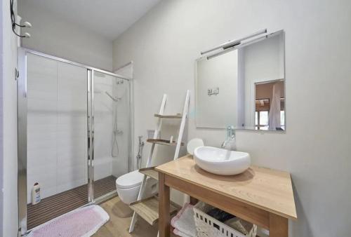 a bathroom with a sink and a shower and a toilet at Casa de piedra en el valle a 20 minutos de Ribadeo y Playa de las Catedrales in Salcido