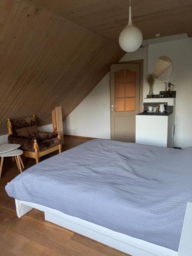 a bedroom with a large bed and a chair at Pas Šerną in Macionys