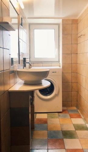 a bathroom with a sink and a washing machine at Vrakades - Guest House in Kouniádhoi