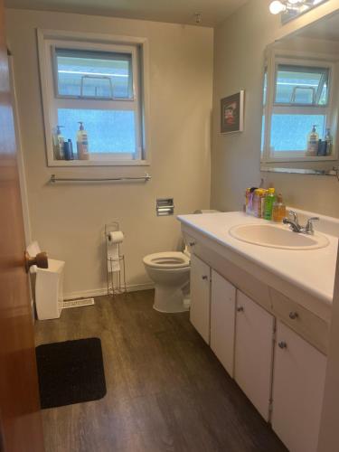 a bathroom with a sink and a toilet and a window at 6 bedroom house in Victoria