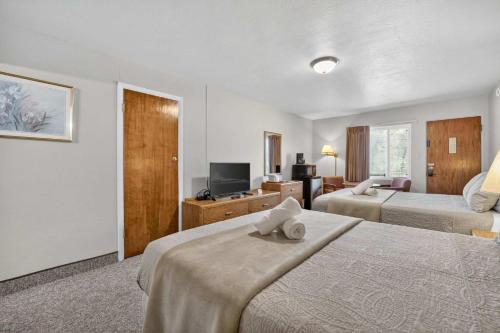 a hotel room with two beds and a television at Eagle Motel Suite 110 in Manitou Springs