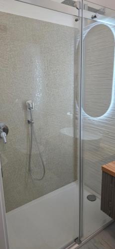 a shower with a glass door in a bathroom at Q Home San Teodoro Centro in San Teodoro