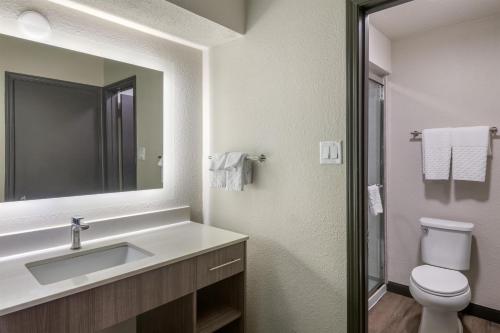 a bathroom with a sink and a toilet and a mirror at Best Western Fishkill Inn & Suites in Fishkill