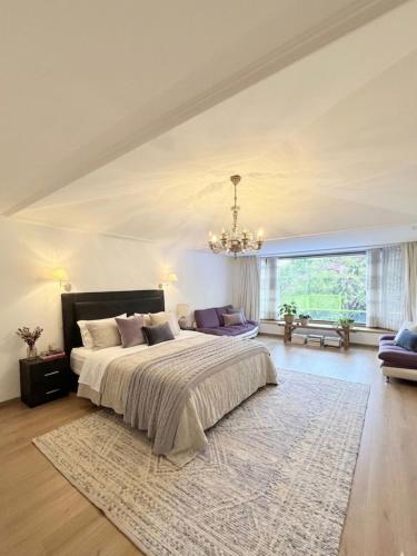 a bedroom with a large bed and a chandelier at Casa Bosques in Mexico City