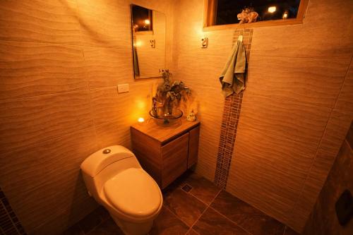 a bathroom with a toilet and a sink and a shower at Beehouse Arví Cabaña in Guarne