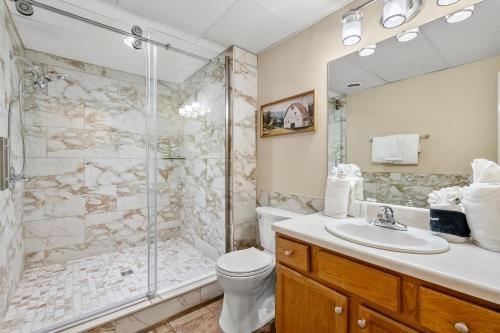 a bathroom with a shower and a toilet and a sink at WP141 City Lights in Pigeon Forge