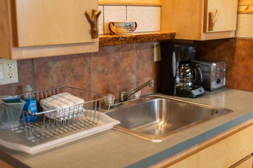 a kitchen sink with a dish drying rack next to it at Fireside Cabins in Pagosa Springs