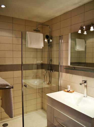 une salle de bain avec douche et lavabo dans l'établissement Hôtel Spa Les Alpes, à Gréoux-les-Bains