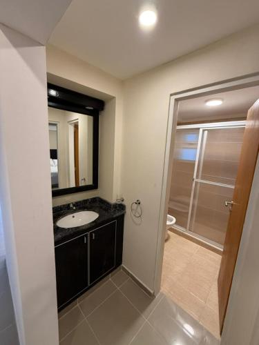 a bathroom with a sink and a shower with a mirror at Apart Hotel Ostrón in Rada Tilly