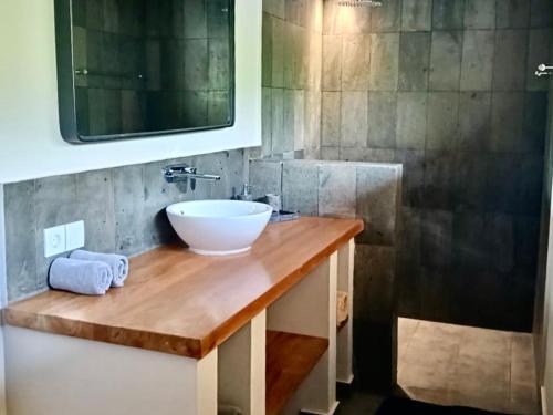 a bathroom with a white bowl sink on a wooden counter at Emocean Beach Boutique Dive Resort in Amed