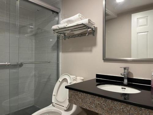 a bathroom with a shower and a toilet and a sink at Kluane Park Inn in Haines Junction