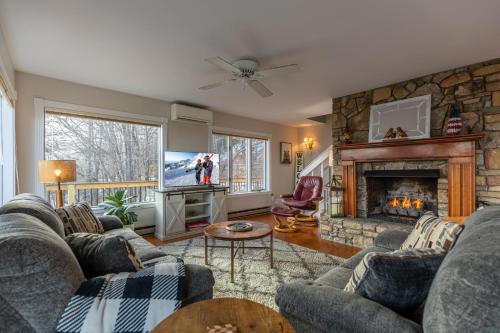 a living room with a couch and a fireplace at Blue Ridge Vista in Seven Devils