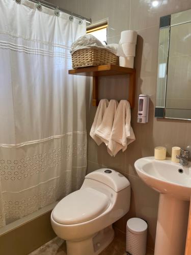 a bathroom with a toilet and a sink and a shower at RESORT ALAPA in Huancayo