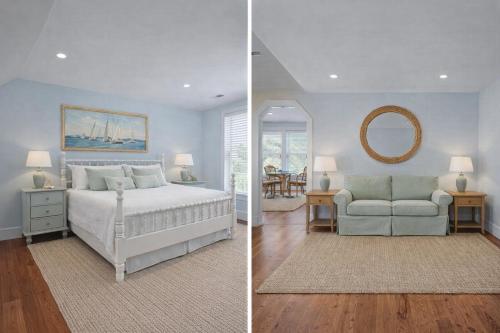 two pictures of a bedroom with a bed and a chair at Inn on Turner in Oriental