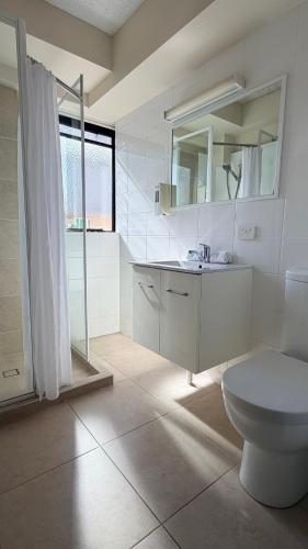 a bathroom with a toilet and a sink and a mirror at The Metropolitan Spring Hill in Brisbane