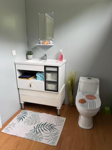 a bathroom with a white sink and a toilet at Villa Blue Lagoon Tahaa in Tahaa
